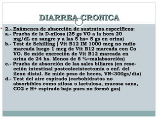 DIARREA CRONICA 2.- Exámenes de absorción de sustratos específicos :  a.- Prueba de la D-xilosa (25 gs VO a la hora 20  mg/dL en sangre y a las 5 hs= 5 gs en orina) b.- Test de Schilling ( Vit B12 IM 1000 mcg no radio  marcada luego 1 mcg de Vit B12 marcada con Co VO. Se mide excreción de Vit B12 marcada en  orina de 24 hs. Menos de 8 %=malabsorción)  c.- Prueba de absorción de las sales biliares (en rese- cción intestinal postcolecistectomía o enf. del  íleon distal. Se mide peso de heces, VN<300gs/día)  d.- Test del aire espirado (carbohidratos no  absorbibles como xilosa o lactulosa, mucosa sana,  CO2 e H+ espirado bajo pues no formó gas)  