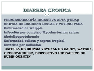 DIARREA CRONICA FIBROENDOSCOPÍA DIGESTIVA ALTA (FEDA): BIOPSIA DE DUODENO DISTAL Y YEYUNO PARA : Enfermedad de Whipple Infección por complejo Mycobacterium avium Abetalipoproteinemia Enfermedad celíaca y esprue tropical Enteritis por radiación CAPSULA DE BIOPSIA YEYUNAL DE CAREY, WATSON,  CROSBY-KUGLER, DISPOSITIVO HIDRAULICO DE RUBIN-QUENTIN 