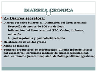 DIARREA CRONICA 2.- Diarrea secretora: Diarrea por sales biliares: a.- Disfunción del íleon terminal: Resección de menos de 100 cm de íleon  Inflamación del íleon terminal (TBC, Crohn, linfomas,  radiación  b.- postvagotomía y postcolecistectomía Malabsorción de ácidos grasos  Abuso de laxantes Tumores productores de secretagogos (VIPoma [péptido intesti-nal vasoactivo], carcinoma medular de tiroides [calcitonina], sind. carcinoide [serotonina], sind. de Zollinger-Ellison [gastrina])  