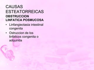 CAUSASESTEATORREICAS<br />OBSTRUCCION LINFATICA POSMUCOSA<br />Linfangiectasia intestinal congenita<br />Ostruccion de los...