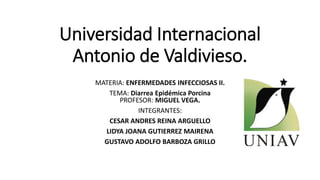 Universidad Internacional
Antonio de Valdivieso.
MATERIA: ENFERMEDADES INFECCIOSAS II.
TEMA: Diarrea Epidémica Porcina
PROFESOR: MIGUEL VEGA.
INTEGRANTES:
CESAR ANDRES REINA ARGUELLO
LIDYA JOANA GUTIERREZ MAIRENA
GUSTAVO ADOLFO BARBOZA GRILLO
 