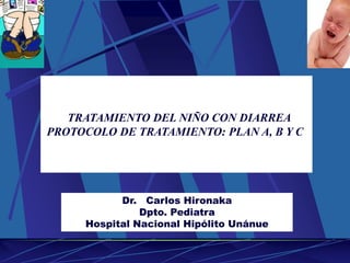 TRATAMIENTO DEL NIÑO CON DIARREA PROTOCOLO DE TRATAMIENTO: PLAN A, B Y C  Dr.   Carlos Hironaka Dpto. Pediatra Hospital Nacional Hipólito Unánue 