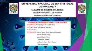 UNIVERSIDAD NACIONAL DE SAN CRISTÓBAL
DE HUAMANGA
FACULTAD DE CIENCIAS BIOLÓGICAS
ESCUELA PROFESIONAL DE BIOLOGÍA
MICROBIOLOGÍA CLÍNICA (BM-543)
ENFERMEDADES DIARRÉICAS INFANTILES (INFECCIONES)
ASIGNATURA: Microbiología Clínica (BM-543)
DOCENTE: MCs. José Alarcón Guerrero
N° DE GRUPO: 2
ESTUDIANTES: Allcca Puquio, Derlis Diather (Delegado)
Anccasi Ñaupa, Fredy
Aronés Miguel, Antony
Lapa Miguel, Marleni
Maldonado Aroni, Mayra Marisol
Lujan Peña Noelia
 