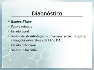 Diagnóstico Exame Físico Peso e estatura Estado geral Sinais de desidratação – mucosas secas, oligúria, alterações ortostáticas da FC e PA Estado nutricional Sinais de toxemia 