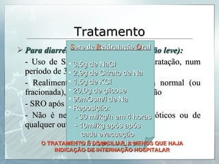 Tratamento Para diarréia aguda leve (desidratação leve): - Uso de SRO para corrigir a desidratação, num período de 3-4h - Realimentação precoce com dieta normal (ou fracionada), logo após 4h de reidratação - SRO após cada episódio diarréico - Não é necessário o uso de antibióticos ou de qualquer outro medicamento S oro de  R eidratação  O ral 3,5g de NaCl 2,9g de Citrato de Na 1,5g de KCl 20,0g de glicose 90mOsm/l de Na Reposição: - 30 ml/kg/h em 4 horas - 10ml/kg após após cada evacuação * 1 envelope : 1 Litro O TRATAMENTO É DOMICILIAR, A MENOS QUE HAJA INDICAÇÃO DE INTERNAÇÃO HOSPITALAR 