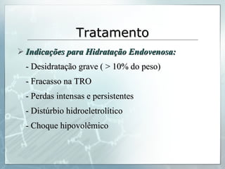 Tratamento Indicações para Hidratação Endovenosa: - Desidratação grave ( > 10% do peso) - Fracasso na TRO - Perdas intensas e persistentes - Distúrbio hidroeletrolítico - Choque hipovolêmico 
