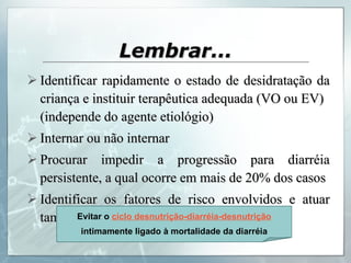 Lembrar... Identificar rapidamente o estado de desidratação da criança e instituir terapêutica adequada (VO ou EV) (independe do agente etiológio) Internar ou não internar Procurar impedir a progressão para diarréia persistente, a qual ocorre em mais de 20% dos casos Identificar os fatores de risco envolvidos e atuar também na prevenção de novos episódios Evitar o  ciclo desnutrição-diarréia-desnutrição intimamente ligado à mortalidade da diarréia 