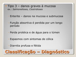 Classificação – Diagnóstico Tipo 3 – danos graves à mucosa ex.:  Salmonelloses, Clostridioses Enterite – danos na mucosa e submucosa Função absortiva é perdida por um longo período Perda protéica e de água para o lúmen Espasmos com sintomas de cólica Diarréia profusa e fétida 