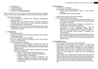 4
Diarreia Aguda na Infância | Emerson Casimiro 2018.2
 Salmonella spp
 Campylobacter jejuni
 Yersínia enterocolítica
 Escherichia coli enterohemorrágica.
OBS: A presença de raios se sangue nas fezes não corresponde a disenteria
podendo ocorrer devido ao destacamento da borda em escova na diarreia osmótica.
 Mecanismo etiopatogênico:
 Ocorre invasão dos enterócitos pelos patógenos desencadeando
mecanismo secretor.
 Progressivamente, mais bactérias invadem o enterócito e ao atingir a
membrana basal ocorre lesão dos vasos sanguíneos subjacentes,
drenando sangue para o lúmen intestinal.
 Analogamente, ocorre a ativação do sistema fagocítico mononuclear.
Macrófagos são recrutados para exercerem função fagocítica e nesse
processo forma-se o pús.
a) Shiguella spp
 Transmissão fecal-oral.
 No Brasil, é a principal causa de disenteria. Nos países desenvolvidos é
a Campylobacter jejuni.
 Quadro clínico toxêmico: febre, prostração.
 Inicia com diarreia aquosa leve (secretora) e evolui com disenteria,
tenesmo e cólica abdominal.
 Produz a neurotoxina Shigatoxina:
 Responsável por manifestações neurológicas em 40% dos
pacientes infectados por Shiguella spp: convulsão, hipertonia,
rigidez nucal e hipereflexia. Nessas situações é necessário afastar
infecções do SNC.
 Síndrome Hemolítico Urêmica (SHU): Complicação renal aguda
relacionada a shigatoxina
 Aparece 1-2 semanas após infecção por Shiguella.
 Anasarca, oligúria, palidez cutâneo mucosa importante.
 Bicitopenia (anemia + plaquetopenia)
 Azotemia: elevação das excretas nitrogenadas, com
creatinina aumentada e insuficiência renal aguda pré-renal.
 O tratamento é dialítico e de curto prazo, com recuperação
da função renal.
b) Salmonella spp
 Prolifera no ovo: maioneses
 As salmonellas são divididas em 2 grupos:
 Tifóide: infecta exclusivamente o homem e causa infecção
sistêmica.
 Não-tifóide: infecta o homem e animais.
 Doença diarreica aguda que cursa com disenteria
 Existe estado de portador são (crônico):
 Na Salmonella e na Cólera alguns pacientes são infectados, não
desenvolvem a sintomatologia, mas eliminam a bactéria nas fezes
com potencial transmissor.
 Geralmente, a salmonela spp está alojada na vesícula biliar: a
infecção crônica está associada a colelitíase.
 Na presença de surtos é importante buscar o índex que
geralmente é um adulto assintomático. Nesses casos, é
importante obter a sorologia dos pais, cuidadores, professores...
Uma vez identificado, deve-se realizar o tratamento com
antibioticoterapia.
 Em se tratando de uma bactéria gram negativa alojada na vesícula
biliar, o melhor antibiótico é a Ampicilina, podendo ser usada uma
quinolona. Por ser mais barata a Ampicilina se configura como
primeira escolha.
c) Campylobacter jejuni
 Principal causa de disenteria nos países desenvolvidos.
 Essa bactéria possui interação com o HLAB27. O HLAB27 está
relacionado com soroartropatias soronegativas tais como: Espondilite
Anquilosante e Síndrome de Reiter. Infecções por C. jejuni precipitam o
aparecimento de quadro artrítico 1-2 semanas após. Esse quadro de
artrite reativa pode iniciar como monoartrite (sinovite transitória do
quadril) ou como oligoartrite e pode evoluir para soroartropatia
soronegativa.
 Antes da Zyka, era a principal causa de Síndrome de Guillain-Barré em
todas as faixas etárias, incluindo adultos: é importante investigar história
anterior de quadro diarreico em pacientes com quadro clínico de Guillain-
Barré e, se positivo, deve-se solicitar sorologia para Campylobacter.
 Em casos mais raros pode levar a anemia hemolítica e nefropatia por
IgA.
 