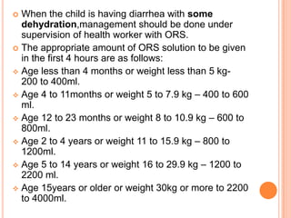  When the child is having diarrhea with some
  dehydration,management should be done under
  supervision of health worker with ORS.
 The appropriate amount of ORS solution to be given
  in the first 4 hours are as follows:
 Age less than 4 months or weight less than 5 kg-
  200 to 400ml.
 Age 4 to 11months or weight 5 to 7.9 kg – 400 to 600
  ml.
 Age 12 to 23 months or weight 8 to 10.9 kg – 600 to
  800ml.
 Age 2 to 4 years or weight 11 to 15.9 kg – 800 to
  1200ml.
 Age 5 to 14 years or weight 16 to 29.9 kg – 1200 to
  2200 ml.
 Age 15years or older or weight 30kg or more to 2200
  to 4000ml.
 