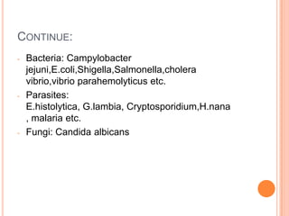 CONTINUE:
-   Bacteria: Campylobacter
    jejuni,E.coli,Shigella,Salmonella,cholera
    vibrio,vibrio parahemolyticus etc.
-   Parasites:
    E.histolytica, G.lambia, Cryptosporidium,H.nana
    , malaria etc.
-   Fungi: Candida albicans
 