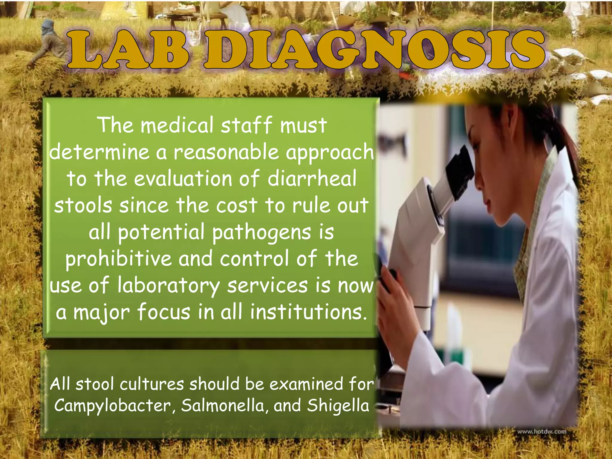 The medical staff must
determine a reasonable approach
  to the evaluation of diarrheal
stools since the cost to rule out
    all potential pathogens is
  prohibitive and control of the
use of laboratory services is now
 a major focus in all institutions.


All stool cultures should be examined for
Campylobacter, Salmonella, and Shigella
 