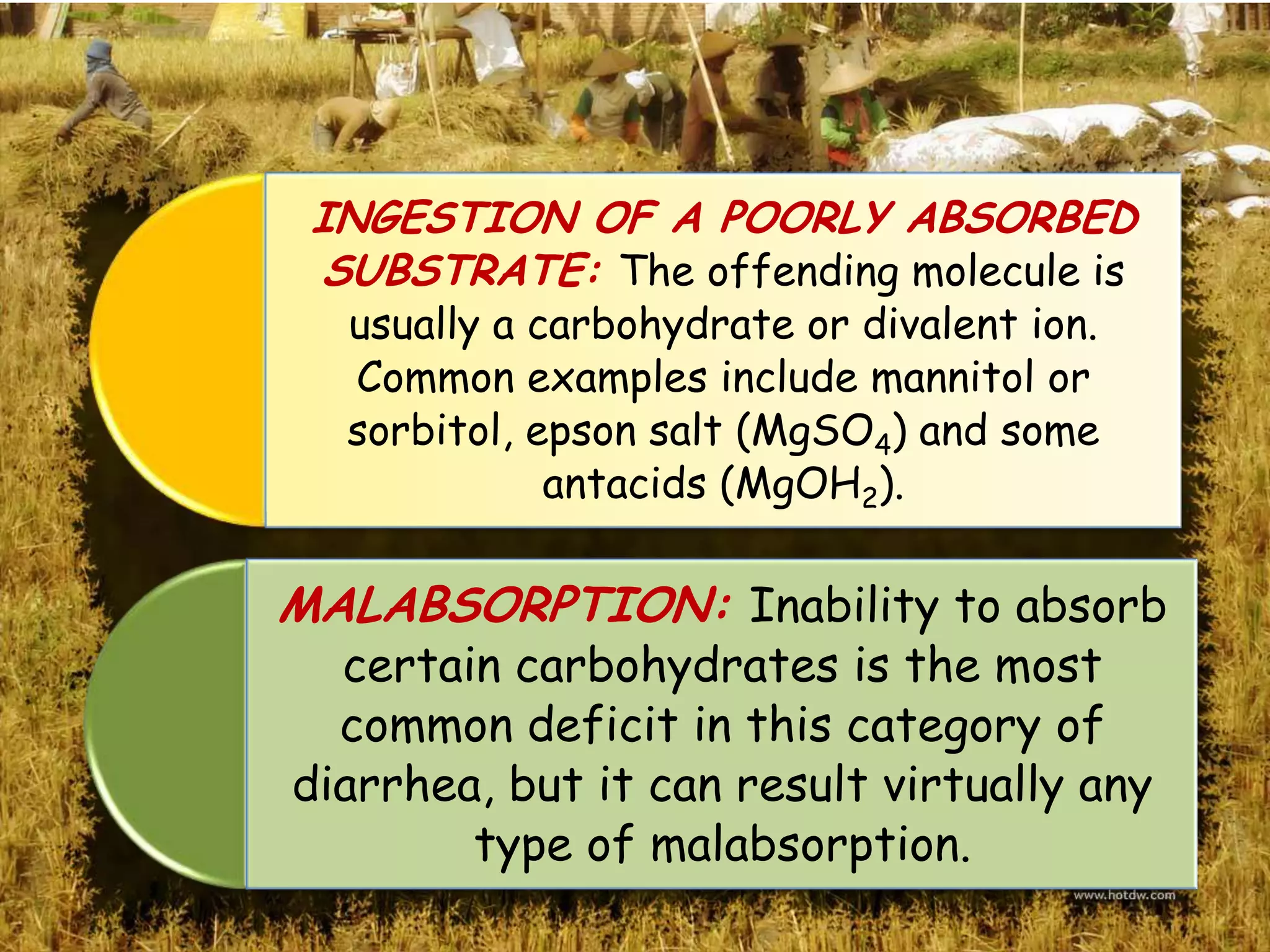 INGESTION OF A POORLY ABSORBED
 SUBSTRATE: The offending molecule is
  usually a carbohydrate or divalent ion.
  Common examples include mannitol or
  sorbitol, epson salt (MgSO4) and some
             antacids (MgOH2).

MALABSORPTION: Inability to absorb
  certain carbohydrates is the most
  common deficit in this category of
diarrhea, but it can result virtually any
        type of malabsorption.
 