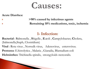 Acute Diarrhea:
 >90% caused by infectious agents
 Remaining 10% medications, toxic, ischemia
1- Infection:
Bacterial : Salmonella , Shigella , E.coli , Campylobacter, Cholera,
(Salmonella,Staph, Clostridium)
Viral : Rota virus , Norwalk virus, Adenovirus, enterovirus.
Protozoa: E.histolytica , Malaria , Giaradia, Blantadium coli
Helminthes: Trichinella spiralis, strongyloids stercoralis.
 