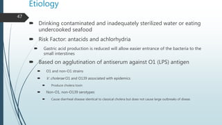 Etiology
 Drinking contaminated and inadequately sterilized water or eating
undercooked seafood
 Risk Factor: antacids a...