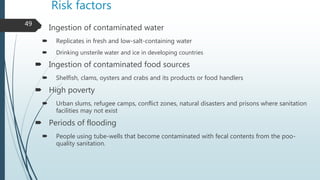 Risk factors
 Ingestion of contaminated water
 Replicates in fresh and low-salt-containing water
 Drinking unsterile wa...