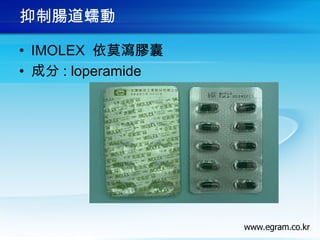抑制腸道蠕動
• IMOLEX 依莫瀉膠囊
• 成分 : loperamide
 