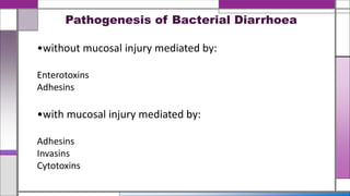 Pathogenesis of Bacterial Diarrhoea
•without mucosal injury mediated by:
Enterotoxins
Adhesins
•with mucosal injury mediated by:
Adhesins
Invasins
Cytotoxins
 