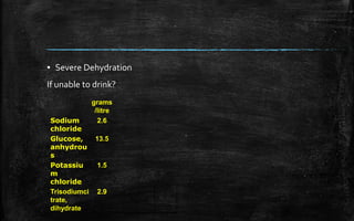 ▪ Severe Dehydration
If unable to drink?
grams
/litre
Sodium
chloride
2.6
Glucose,
anhydrou
s
13.5
Potassiu
m
chloride
1.5
Trisodiumci
trate,
dihydrate
2.9
 