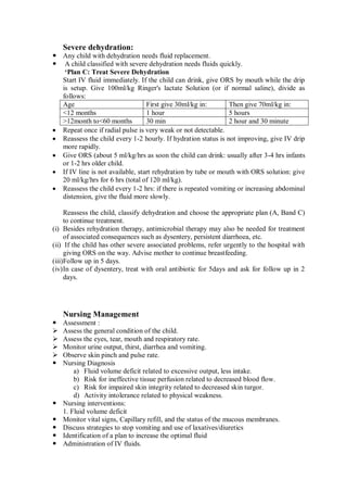 Severe dehydration:
 Any child with dehydration needs fluid replacement.
 A child classified with severe dehydration needs fluids quickly.
‘Plan C: Treat Severe Dehydration
Start IV fluid immediately. If the child can drink, give ORS by mouth while the drip
is setup. Give 100ml/kg Ringer's lactate Solution (or if normal saline), divide as
follows:
Age First give 30ml/kg in: Then give 70ml/kg in:
<12 months 1 hour 5 hours
>12month to<60 months 30 min 2 hour and 30 minute
 Repeat once if radial pulse is very weak or not detectable.
 Reassess the child every 1-2 hourly. If hydration status is not improving, give IV drip
more rapidly.
 Give ORS (about 5 ml/kg/hrs as soon the child can drink: usually after 3-4 hrs infants
or 1-2 hrs older child.
 If IV line is not available, start rehydration by tube or mouth with ORS solution: give
20 ml/kg/hrs for 6 hrs (total of 120 ml/kg).
 Reassess the child every 1-2 hrs: if there is repeated vomiting or increasing abdominal
distension, give the fluid more slowly.
Reassess the child, classify dehydration and choose the appropriate plan (A, Band C)
to continue treatment.
(i) Besides rehydration therapy, antimicrobial therapy may also be needed for treatment
of associated consequences such as dysentery, persistent diarrhoea, etc.
(ii) If the child has other severe associated problems, refer urgently to the hospital with
giving ORS on the way. Advise mother to continue breastfeeding.
(iii)Follow up in 5 days.
(iv)In case of dysentery, treat with oral antibiotic for 5days and ask for follow up in 2
days.
Nursing Management
 Assessment :
 Assess the general condition of the child.
 Assess the eyes, tear, mouth and respiratory rate.
 Monitor urine output, thirst, diarrhea and vomiting.
 Observe skin pinch and pulse rate.
 Nursing Diagnosis
a) Fluid volume deficit related to excessive output, less intake.
b) Risk for ineffective tissue perfusion related to decreased blood flow.
c) Risk for impaired skin integrity related to decreased skin turgor.
d) Activity intolerance related to physical weakness.
 Nursing interventions:
1. Fluid volume deficit
 Monitor vital signs, Capillary refill, and the status of the mucous membranes.
 Discuss strategies to stop vomiting and use of laxatives/diuretics
 Identification of a plan to increase the optimal fluid
 Administration of IV fluids.
 