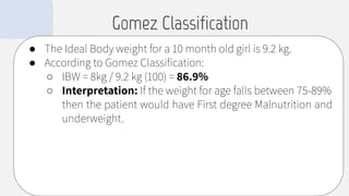 ● The Ideal Body weight for a 10 month old girl is 9.2 kg.
● According to Gomez Classiﬁcation:
○ IBW = 8kg / 9.2 kg (100) = 86.9%
○ Interpretation: If the weight for age falls between 75-89%
then the patient would have First degree Malnutrition and
underweight.
Gomez Classification
 