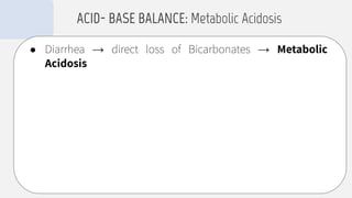 ● Diarrhea → direct loss of Bicarbonates → Metabolic
Acidosis
ACID- BASE BALANCE: Metabolic Acidosis
 