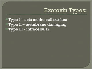 Exotoxin Types: Type I – acts on the cell surface Type II – membrane damaging Type III - intracellular 