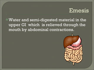 Water and semi-digested material in the upper GI  which  is relieved through the mouth by abdominal contractions.  Emesis 