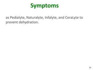 15
Symptoms
as Pedialyte, Naturalyte, Infalyte, and CeraLyte to
prevent dehydration.
 