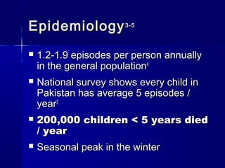 EpidemiologyEpidemiology3-53-5
 1.2-1.9 episodes per person annually1.2-1.9 episodes per person annually
in the general populationin the general population44
 National survey shows every child inNational survey shows every child in
Pakistan has average 5 episodes /Pakistan has average 5 episodes /
yearyear33
 200,000 children < 5 years died200,000 children < 5 years died
/ year/ year
 Seasonal peak in the winterSeasonal peak in the winter
 