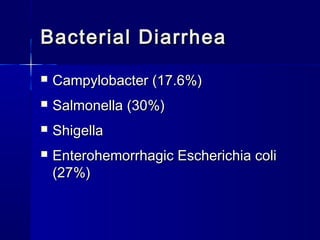 Bacterial DiarrheaBacterial Diarrhea
 Campylobacter (17.6%)Campylobacter (17.6%)
 Salmonella (30%)Salmonella (30%)
 ShigellaShigella
 Enterohemorrhagic Escherichia coliEnterohemorrhagic Escherichia coli
(27%)(27%)
 