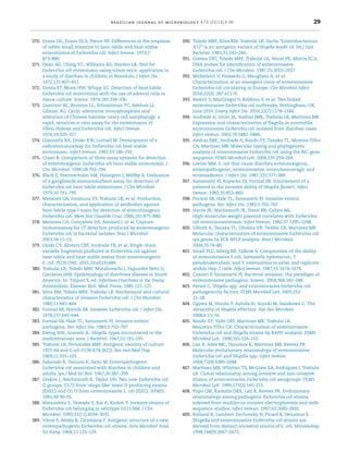 brazilian journal of microbiology 47S (2016) 3–30 29
370. Evans DG, Evans DJ Jr, Pierce NF. Differences in the response
of rabbit small intestine to heat-labile and heat-stable
enterotoxins of Escherichia coli. Infect Immun. 1973;7:
873–880.
371. Dean AG, Ching YC, Williams RG, Harden LB. Test for
Escherichia coli enterotoxin using infant mice: application in
a study of diarrhea in children in Honolulu. J Infect Dis.
1972;125:407–411.
372. Donta ST, Moon HW, Whipp SC. Detection of heat-labile
Escherichia coli enterotoxin with the use of adrenal cells in
tissue culture. Science. 1974;183:334–336.
373. Guerrant RL, Brunton LL, Schnaitman TC, Rebhun LI,
Gilman AG. Cyclic adenosine monophosphate and
alteration of Chinese hamster ovary cell morphology: a
rapid, sensitive in vitro assay for the enterotoxins of
Vibrio cholerae and Escherichia coli. Infect Immun.
1974;10:320–327.
374. Giannella RA, Drake KW, Luttrell M. Development of a
radioimmunoassay for Escherichia coli heat-stable
enterotoxin. Infect Immun. 1981;33:186–192.
375. Cryan B. Comparison of three assay systems for detection
of enterotoxigenic Escherichia coli heat-stable enterotoxin. J
Clin Microbiol. 1990;28:792–794.
376. Bläck E, Svennerholm AM, Holmgren J, Möllby R. Evaluation
of a ganglioside immunosorbent assay for detection of
Escherichia coli heat-labile enterotoxin. J Clin Microbiol.
1979;10:791–795.
377. Menezes CA, Imamura SY, Trabulsi LR, et al. Production,
characterization, and application of antibodies against
heat-labile type-I toxin for detection of enterotoxigenic
Escherichia coli. Mem Inst Oswaldo Cruz. 2006;101:875–880.
378. Menezes CA, Gonc¸alves DS, Amianti J, et al. Capture
immunoassay for LT detection produced by enterotoxigenic
Escherichia coli in bacterial isolates. Braz J Microbiol.
2003;34:11–13.
379. Ozaki CY, Silveira CRF, Andrade FB, et al. Single chain
variable fragments produced in Escherichia coli against
heat-labile and heat-stable toxins from enterotoxigenic
E. coli. PLOS ONE. 2015;10:e0131484.
380. Trabulsi LR, Toledo MRF, Murahovschi J, Fagundes Neto U,
Candeias JAM. Epidemiology of diarrhoea disease in South
America. In: Tzipori S, ed. Infectious Diarrhoea in the Young.
Amsterdam: Elsevier Biol. Med. Press; 1985:121–125.
381. Silva RM, Toledo MRF, Trabulsi LR. Biochemical and cultural
characteristics of invasive Escherichia coli. J Clin Microbiol.
1980;11:441–444.
382. Formal SB, Hornik RB. Invasive Escherichia coli. J Infect Dis.
1978;137:641–644.
383. Formal SB, Hale TL, Sansonetti PJ. Invasive enteric
pathogens. Rev Infect Dis. 1983;5:702–707.
384. Ewing WH, Gravatti JL. Shigella types encountered in the
mediterranean area. J Bacteriol. 1947;53:191–195.
385. Trabulsi LR, Fernandes MRF. Antigenic identity of culture
193T-64 and E.coli O136:K78 (B22). Rev Inst Med Trop.
1969;11:101–103.
386. Sakazaki R, Tamura K, Saito M. Enteropathogenic
Escherichia coli associated with diarrhea in children and
adults. Jpn J Med Sci Biol. 1967;20:387–399.
387. Orskov I, Wachsmuth K, Taylor DN. Two new Escherichia coli
O groups: O172 from ‘shiga-like’ toxin II-producing strains
(EHEC) and O173 from enteroinvasive E. coli (EIEC). APMIS.
1991;99:30–32.
388. Matsushita S, Yamada S, Kai A, Kudoh Y. Invasive strains of
Escherichia coli belonging to serotype O121:NM. J Clin
Microbiol. 1993;31(11):3034–3035.
389. Vöros S, Rédey B, Csizmazia F. Antigenic structure of a new
enteropathogenic Escherichia coli strains. Acta Microbiol Acad
Sci Hung. 1964;11:125–129.
390. Toledo MRF, Silva RM, Trabulsi LR. Sachs “Enterobacterium
A12” is an aerogenic variant of Shigella boydii 14. Int J Syst
Bacteriol. 1981;31:242–244.
391. Gomes TAT, Toledo MRF, Trabulsi LR, Wood PK, Morris JG Jr.
DNA probes for identiﬁcation of enteroinvasive
Escherichia coli. J Clin Microbiol. 1987;25:2025–2027.
392. Michelacci V, Prosseda G, Maugliani A, et al.
Characterization of an emergent clone of enteroinvasive
Escherichia coli circulating in Europe. Clin Microbiol Infect.
2016;22(3), 287.e11–9.
393. Newitt S, MacGregor V, Robbins V, et al. Two linked
enteroinvasive Escherichia coli outbreaks, Nottingham, UK,
June 2014. Emerg Infect Dis. 2016;22(7):1178–1184.
394. Andrade A, Girón JA, Amhaz JMK, Trabulsi LR, Martinez MB.
Expression and characterization of ﬂagella in nonmotile
enteroinvasive Escherichia coli isolated from diarrhea cases.
Infect Immun. 2002;70:5882–5886.
395. Amhaz JMK, Andrade A, Bando SY, Tanaka TL, Moreira-Filho
CA, Martinez MB. Molecular typing and phylogenetic
analysis of enteroinvasive Escherichia coli using the ﬂiC gene
sequence. FEMS Microbiol Lett. 2004;235:259–264.
396. Levine MM. E. coli that cause diarrhea enterotoxigenic,
enteropathogenic, enteroinvasive, enterohemorragic and
enteroaderent. J Infect Dis. 1987;155:377–389.
397. Sansonetti PJ, Kopecko DJ, Formal SB. Involvement of a
palsmid in the invasive ability of Shigella ﬂexneri. Infect
Immun. 1982;35:852–860.
398. Formal SB, Hale TL, Sansonetti PJ. Invasive enteric
pathogens. Rev Infect Dis. 1983;5:702–707.
399. Harris JR, Wachsmuth IK, Davis BR, Cohen ML.
High-molecular-weight plasmid correlates with Escherichia
coli enteroinvasiveness. Infect Immun. 1982;37:1295–1298.
400. Gibotti A, Tanaka TL, Oliveira VR, Taddei CR, Martinez MB.
Molecular characterization of enteroinvasive Escherichia coli
ipa genes by PCR-RFLP analysis. Braz J Microbiol.
2004;35:74–80.
401. Small PLC, Isberg RR, Falkow S. Comparation of the ability
of enteroinvasive E.coli, Salmonella typhimuriun, Y.
pseudotuberculosis, and Y. enterocolitica to enter and replicate
within Hep-2 cells. Infect Immun. 1987;55:1674–1679.
402. Cossart P, Sansonetti PJ. Bacterial invasion: the paradigm of
enteroinvasive pathogens. Science. 2004;304:242–248.
403. Parsot C. Shigella spp. and enteroinvasive Escherichia coli
pathogenicity factors. FEMS Microbiol Lett. 2005;252:
11–18.
404. Ogawa M, Handa Y, Ashida H, Suzuki M, Sasakawa C. The
versatility of Shigella effectors. Nat Rev Microbiol.
2008;6:11–16.
405. Bando SY, Valle GRF, Martinez MB, Trabulsi LR,
Moureira-Filho CA. Characterization of enteroinvasive
Escherichia coli and Shigella strains by RAPD analysis. FEMS
Microbiol Lett. 1998;165:159–165.
406. Lan R, Alles MC, Donohoe K, Martinez MB, Reeves PR.
Molecular evolutionary relationships of enteroinvasive
Escherichia coli and Shigella spp. Infect Immun.
2004;72(9):5080–5088.
407. Martinez MB, Whittan TS, McGraw EA, Rodrigues J, Trabulsi
LR. Clonal relationship among invasive and non-invasive
strains of enteroinvasive Escherichia coli serogroups. FEMS
Microbiol Lett. 1999;172(2):145–151.
408. Pupo GM, Karaolis DKR, Lan R, Reeves PR. Evolutionary
relationships among pathogenic Escherichia coli strains
inferred from multilocus enzyme electrophoresis and mdh
sequence studies. Infect Immun. 1997;65:2685–2692.
409. Rolland K, Lambert-Zechovsky N, Picard B, Denamur E.
Shigella and enteroinvasive Escherichia coli strains are
derived from distinct ancestral strains of E. coli. Microbiology.
1998;144(9):2667–2672.
 