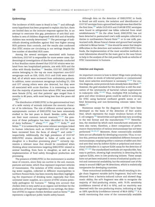 10 brazilian journal of microbiology 47S (2016) 3–30
Epidemiology
The incidence of HUS cases in Brazil is low,175 and although
some hypothesis has been proposed to explain this fact, there
are limited data on the immune response against Stx. In an
attempt to overcome this gap, prevalence of anti-Stx2 anti-
bodies in sera of children diagnosed with HUS and of healthy
children was recently determined.176 The percentage of indi-
viduals showing antibodies against Stx2 was higher among
HUS patients than controls, and the results also conﬁrmed
that STEC strains are circulating in our settings despite the
low number of identiﬁed HUS cases.
Among the several serotypes associated with human
infections, O157:H7 is responsible for more severe cases. Epi-
demiological investigations of diarrheal outbreaks conducted
in four Brazilian states showed that O157:H7 strains were iso-
lated from two hospitalized patients, one with HUS and the
other with bloody diarrhea.177 Besides, O157:H7, EHEC/STEC
strains belonging to the top six most important non-O157
serogroups such as O26, O103, O111 and O145 were identi-
ﬁed, all of which were recovered from ambulatory patients.
In addition, some uncommon serogroups including O1, O24
and O77 among others were also detected, but they were
all associated with acute diarrhea. It is interesting to note
that the majority of patients from whom STEC was isolated
were female (57%), and that patients’ ages ranged from 8
months to 80 years, with most being less than ﬁve years old
(54%).177
The distribution of EHEC/STEC in the gastrointestinal tract
of a wide variety of animals indicates the zoonotic charac-
ter of its infections. The role of different animal species as
asymptomatic carriers of EHEC/STEC has been extensively
studied in the last years in Brazil. Besides cattle, which
are their most common natural reservoir,173,178 the pres-
ence of these pathogens has been identiﬁed in the feces
of dairy buffaloes,179 sheep,180,181 pigs,182,183 birds,184 and
ﬁshes.185 It is noteworthy that some relevant serotypes linked
to human infections such as O103:H2 and O157:H7 have
been recovered from the feces of sheep186 and cattle173
respectively. Additionally, the high prevalence of O157:H7
EHEC/STEC strains identiﬁed in hides of cattle sent to
slaughter in a Brazilian processing plant178 certainly rep-
resents a relevant issue that should be considered when
thinking about interventions targeting EHEC/STEC related to
animal handling, from farm to slaughter, as well as the
implementation of food safety throughout production and
processing.
The presence of EHEC/STEC in the environment is another
issue of concern, since they can survive in the soil, manure,
pastures and water, which thus represent important vehicles
of transmission. The isolation of STEC strains from drink-
ing water supplies, collected in different municipalities in
northern Paraná State, has been recently described, highlight-
ing the importance of drinking water, especially that from
untreated water supplies, as a source of STEC strains poten-
tially pathogenic for humans.187 Taking into account that
chicken litter is very useful as an organic soil fertilizer for the
production of fruits and vegetables in our settings, the detec-
tion of STEC in organic chicken fertilizer used on farms188 also
represents a signiﬁcant public health safety hazard.
Although data on the detection of EHEC/STEC in foods
in Brazil are still scarce, the isolation and identiﬁcation of
O157:H7 serotype from a ground beef sample was described for
the ﬁrst time,189 while O125:H19 and O149:H8 STEC serotypes
were found in refrigerated raw kibbe collected from retail
establishments.190 On the other hand, EHEC/STEC has not
been detected in pasteurized cow’s milk samples collected in
dairies in northwestern Paraná State191 or in raw milk, pas-
teurized milk, Minas Frescal cheese and ground beef samples
collected in Minas Gerais.192 One should be aware that despite
difﬁculties in the detection and isolation of EHEC/STEC from
foods, the implementation of the most sensitive methods in
most laboratories should be the main goal in the near future
to help in the analysis of the risk posed by foods as vehicles of
STEC transmission to humans.
Detection and diagnosis
An important concern is how to detect Shiga toxin-producing
strains either in stools of infected patients or contaminated
food, since selective enrichment is necessary.193,194 For rou-
tine diagnosis, some protocols have already been described.139
However, the gold standard for Stx detection is still the eval-
uation of the cytotoxicity of bacterial culture supernatants
to eukaryotic cells.195,196 Thus, multiplex PCR including stx
gene and other virulence genes could be useful in screening
for STEC using bacterial conﬂuent growth zones or sor-
bitol fermenting and non-fermenting colonies taken from
SMAC.197
Numerous assays for the diagnosis of STEC have been
developed on the basis of the detection of Stx1 and/or
Stx2, which represents the major virulence factors of this
E. coli category.198 Sensitivities and speciﬁcities vary according
to the test format and the manufacturer.199–205 Neverthe-
less, the standard by which each manufacturer evaluates its
tests also varies; therefore, a direct comparison of perfor-
mance characteristics of various immunoassays has not been
performed.198,206,207 Moreover, these commercially available
tests are not affordable for developing countries. Thus, to out-
line this, previous works have established different formats of
immunoassays, employing either a mixture of rabbit anti-Stx1
and anti-Stx2 sera by indirect ELISA or polyclonal and mono-
clonal antibodies in a capture ELISA assay for the detection of
STEC.207–209 The standardized methods are reproducible, fast,
easy to perform, showing high sensitivity in detecting Stx by
capture ELISA, even in low-producing isolates. These assays
have not yet been evaluated in terms of industrial quality con-
trol and commercial availability, but the estimated cost of the
assay is around US$70 per 96 detections, which is realistically
inexpensive for developing countries.
These monoclonal antibodies were rebuilt resulting in sin-
gle chain fragment variable (scFv) fragments. Stx2-scFv was
obtained from a bacteria-induced culture and showed diag-
nostic ability; the scFv fragment was able to recognize the
majority of Stx2-producing strains, with 79.3% sensitivity
(conﬁdence interval of 60.3 to 92%), and no reactivity was
observed with the non-producing strains, indicating as high
as 100% speciﬁcity (conﬁdence interval of 86.8–100%).210 It is
worth mentioning that none of the commercially available
 