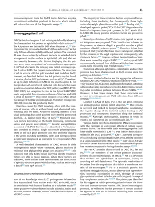 brazilian journal of microbiology 47S (2016) 3–30 11
immunoenzymatic tests for Stx1/2 toxin detection employ
recombinant antibodies produced in bacteria, which indeed
will reduce the costs of the diagnostic assays.198
Enteroaggregative E. coli
EAEC is the diarrheagenic E. coli pathotype deﬁned by showing
the characteristic AA pattern on epithelial cells in culture.211
The AA pattern was deﬁned in 1987 when Nataro et al.,212 dis-
tinguished the previously described “diffuse adherence” as the
truly diffuse adherence (DA) and the AA pattern. The standard
AA was characterized by adherent bacteria in a stacked-brick
arrangement on the surface of epithelial cells and also on
the coverslip between cells. Strains displaying the AA pat-
tern were then categorized as “enteroadherent-aggregative
E. coli” but afterwards the category was called enteroaggrega-
tive E. coli or EAEC, the current nomenclature. The detection
of AA in vitro is still the gold standard test to deﬁne EAEC;
however, as described before, the AA pattern may be found
in strains of other DEC pathotypes, such as aEPEC. Therefore,
an up-to-date deﬁnition of EAEC is the diarrheagenic E. coli
that produce AA in cultured epithelial cells but lack the main
genetic markers that deﬁne other DEC pathotypes (EPEC, ETEC,
EHEC, EIEC). An exception for that is the hybrid EAEC/STEC
strain responsible for a massive outbreak of diarrhea and HUS
in 2011 in Europe.213 This strain consists of an EAEC strain
that acquired the Stx2-encoding phage. Therefore, this speciﬁc
O104:H4 strain is a Stx-producing EAEC.
Diarrhea caused by EAEC is watery, often with the pres-
ence of mucus, with or without blood and abdominal pain,
vomiting and low fever. Acute self-limiting diarrhea is the
usual pathology, but some patients may develop protracted
diarrhea, i.e., lasting more than 14 days.214 Prolonged diar-
rhea occurs depending on the host’s immunity, nutritional
status and genetic susceptibility.215 Genetic susceptibilities
associated with EAEC diarrhea were identiﬁed in North Amer-
ican travelers to Mexico. Single nucleotide polymorphisms
(SNP) in the IL-8 gene promoter and the promotor regions
of the genes encoding lactoferrin, CD14 and osteoprotegerin
as well were recognized as indicators for symptomatic EAEC
infection.216–219
A well-described characteristic of EAEC strains is their
heterogeneous nature when serotypes, genetic markers of
virulence and phylogenetic groups are analyzed.220–225 This
indicates that only EAEC strains carrying speciﬁc virulence
factors are able to cause diarrhea. While these factors are
unknown, some studies have demonstrated the association
of speciﬁc virulence genes with diarrhea, such as pet or aafA
in Brazil226 and sepA in Mali.223
Virulence factors, mechanisms and pathogenesis
Most of our knowledge about EAEC pathogenesis is based on
data accumulated from studies with EAEC strain 042, since
its association with human diarrhea in a volunteer study.227
These putative virulence factors include adhesins, toxins and
secreted proteins. However, none of these factors are found in
all EAEC strains.
The majority of these virulence factors are plasmid borne,
including those mediating AA. Consequently, these high-
molecular-weight plasmids are called pAA.220 Baudry et al.,228
developed a genetic probe (CVD432) for EAEC diagnosis on the
basis of a fragment from pAA1 present in EAEC strain 17-2.
In EAEC 042, many putative virulence factors are present in
pAA2.220
Recently, a division of EAEC strains into typical or atypi-
cal subgroups was proposed. This classiﬁcation is based on
the presence or absence of aggR, a gene that encodes a global
regulator of EAEC virulence genes.229 Therefore, it has been
proposed that typical EAEC have more pathogenic potential
by the presence of the AggR regulon and, consequently, pAA
virulence factors.230 However, at least two outbreaks of diar-
rhea were caused by atypical EAEC,231,232 and atypical EAEC
are commonly isolated from children with diarrhea, in some
cases more frequently than typical strains.233,234
Numerous adhesins, cytotoxins, enterotoxins and secreted
proteins have been characterized in EAEC strains since this
pathotype deﬁnition.211,214
The most studied adhesins are the aggregative adherence
ﬁmbria (AAF/I-AAF/V) family, which includes ﬁve types.235–239
They mediate the AA pattern and bioﬁlm formation. Aﬁmbrial
adhesins have also been characterized in EAEC strains, includ-
ing outer membrane proteins between 30 and 58 kDa.240–242
However, it has been shown that these structures are
present in low frequencies in EAEC collections from different
settings.221,226,243–245
Located in pAA2 of EAEC 042 is the aap gene, encoding
an antiaggregation protein called dispersin.246 This protein
is secreted and linked to lipopolysaccharide, neutralizing
the negative charge of the bacterial surface leading to AAF
projection and consequent dispersion along the intestinal
mucosa.247 Although immunogenic, dispersin is found in
other E. coli pathotypes and in commensal E. coli.248
Various toxins have been described in EAEC in association
with the cytotoxic or enterotoxic effects of culture super-
natants in vitro. The heat-stable toxin enteroaggregative E. coli
heat-stable enterotoxin 1 (EAST-1) was the ﬁrst toxin charac-
terized in the EAEC pathotype.249 EAST-1 activates adenylate
cyclase inducing increased cyclic GMP levels, effects observed
in a Ussing chamber with rabbit ileum.250 ShET1 is an A:B type
toxin that causes accumulation of ﬂuid in rabbit ileal loops and
has secretory response in Ussing chamber assays.251,252
The two AT proteins characterized in EAEC 042, Pet and
Pic,253–254 are members of the serine protease autotrans-
porters of Enterobacteriaceae, or SPATE.255 Pet is a cytotoxin
that modiﬁes the cytoskeleton of enterocytes, leading to
rounding and cell detachment. The cytotoxic mechanism of
Pet arises from the degradation of ␣-fodrin, a membrane pro-
tein of the enterocytes.256 Pic is a multitask protein that
mediates hemagglutination, mucus cleavage and hypersecre-
tion, intestinal colonization in mice, cleavage of surface
glycoproteins involved in leukocyte trafﬁcking and cleavage of
key complement molecules.257,258 The phenotypes identiﬁed
for Pic suggest its role in promoting colonization of the intes-
tine and immune system evasion. SPATEs are immunogenic
proteins, as evidenced by the presence of serum antibod-
ies against Pet and Pic in children recovering from diarrhea
caused by EAEC.259
 