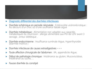  Diagnostic différentiel des diarrhées infectieuses
 Diarrhée ischémique en periode néonatale : Entérocolite ulcéronécrotique :
Au décours d’un choc ou d’une souffrance fœtale aigue
 Diarrhée métabolique : Alimentation non adaptée aux capacités
métaboliques du nourrisson : allergie alimentaire aux Ptn de LDV avant 3
sevrage , erreur diététique .
 Diarrhée endocrinienne : Insuffisance surrénale Aigue, Hyperthyroïdie
(diarrhée motrice )
 Diarrhée infectieuse de causes extradigestives +++
 Toute affection chirurgicale de l’abdomen : IIA, appendicite Aigue,
 Début de pathologie chronique : Intolérance au gluten, Mucoviscidose,
Intolérance au sucres, …
 Fausse diarrhée du constipé
 