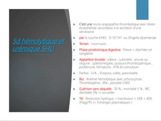 Sd hémolytique et
urémique SHU
 C’est une micro angiopathie thrombotique avec lésion
endothéliale secondaire à la secretion d’une
vérotoxine
 par la souche EHEC O 157 H7 ou Shigella dysenteriae
 Terrain : nourrisson,
 Phase prodromique digestive : Fièvre + diarrhée svt
sanglante
 Apparition brutale : pâleur , subictère , anurie ou
oligurie , splénomégalie, purpura thrombopénique ,
protéinurie, hématurie , HTA et convulsion .
 Parfois : I.I.A. , Purpura, colite, pancréatite
 Bio : Anémie hémolytique avec schizocytose ,
Thrombopénie , IRA , possible CIVD
 Guérison sans séquelle : 70 % ; mortalité 5 % , IRC
d’emblée 3% → surveiller
 Ttt : Restriction hydrique + transfusion + EER + ATB
(Flagyl®) (+ Echanges plasmatiques )
 