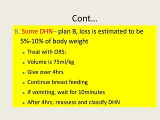 Cont…
B. Some DHN– plan B, loss is estimated to be
5%-10% of body weight
Treat with ORS:
Volume is 75ml/kg
Give over 4hrs
...