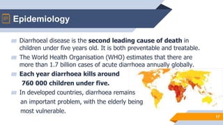 Epidemiology
17
▰ Diarrhoeal disease is the second leading cause of death in
children under five years old. It is both preventable and treatable.
▰ The World Health Organisation (WHO) estimates that there are
more than 1.7 billion cases of acute diarrhoea annually globally.
▰ Each year diarrhoea kills around
760 000 children under five.
▰ In developed countries, diarrhoea remains
an important problem, with the elderly being
most vulnerable.
 