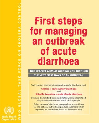 Two types of emergencies regarding acute diarrhoea exist:
Cholera = acute watery diarrhoea
and
Shigella dysentery = acute bloody diarrhoea
Both are transmitted by contaminated water, unsafe food,
dirty hands and vomit or stools of sick people.
Other causes of diarrhoea may produce severe illness
for the patient, but will not produce outbreaks which
represent an immediate threat to the community.
First steps
for managing
an outbreak
of acute
diarrhoea
1. Is this the beginning of an outbreak?
You might be facing an outbreak very soon if you have seen an
unusual number of acute diarrhoeal cases this week and the patients
have the following points in common:
• they have similar clinical symptoms (watery or bloody diarrhoea)
• they are living in the same area or location
• they have eaten the same food (at a burial ceremony for example)
• they are sharing the same water source
• there is an outbreak in the neighbouring community
or
You have seen an adult suffering from acute watery diarrhoea with
severe dehydration and vomiting
If you have some statistical information from previous years or weeks verify if the actual
increase of cases is unusual over the same period of time.
2. Is the patient suffering from cholera or shigella?
Acute diarrhoea could be a common symptom. Therefore it is important to differentiate
between shigella or cholera in order to improve case management and to estimate
needed supplies
• Establish a clinical diagnosis for the patient
you have seen (Table1)
• Do the same for the other family members
who are suffering from acute diarrhoea
• Try to take stool samples and send them
for immediate analysis. If it is not possible
to send the samples immediately, collect
stool specimens in Cary Blair or TCBS
transport medium and refrigerate.
Don’t wait for laboratory results to start
treatment and to protect the community.
Not all the cases need to be laboratory
conﬁrmed.
THE FIRST TWO QUESTIONS ARE:
1. Is this the beginning of an outbreak?
2. Is the patient suffering from cholera or shigella?
Be
prepared
to face a
sudden
increase
in number
of cases
WHO • GLOBAL TASK FORCE ON CHOLERA CONTROL
DON’T FORGET …
PROTECT YOURSELF FROM CONTAMINATION
■ Wash your hands with soap before and after taking care of the patient
■ Cut your nails
ISOLATE CHOLERA PATIENTS
■ Stools, vomit and soiled clothes of patients are highly contagious
■ Latrines and patients’ buckets need to be washed and disinfected with
chlorine
■ Cholera patients have to be in a special ward, isolated from other patients
CONTINUOUS PROVISION OF NUTRITIOUS FOOD is important for all patients,
especially for those with shigella dysentery
■ Provide frequent small meals with familiar foods during the ﬁrst two days
rather than infrequent large meals
■ Provide food as soon as the patient is able to take it
■ Breastfeeding of infants and young children should continue
For more information: cholera@who.int
http://www.who.int/cholera
■ Inform and ask
for help
The outbreak can evolve quickly
and the rapid increase of cases
may prevent you from doing
your daily activities
• Inform your supervisor about the
situation
• Ask for more supplies if needed
(see Box)
• Ask for help to control the
outbreak among and outside the
community
WHAT TO DO IF YOU SUSPECT AN OUTBREAK
■ Inform and ask for help
■ Protect the community
■ Treat the patients
WHO • GLOBAL TASK FORCE ON CHOLERA CONTROL
WHO/CDS/CSR/NCS/2003.7 Rev.2
Collect data on the patients
Note carefully the following data that will help to investigate the outbreak
N° Name Address Symptoms Age Sex Date Outcome
(<5 or (male M) or of onset
>5 years) (female F)
WHOGLOBALTASKFORCEONCHOLERACONTROL
© World Health Organization 2010 All rights reserved
Publications of the World Health Organization can be obtained from WHO Press, World Health Organization, 20 Avenue Appia, 1211 Geneva
27, Switzerland (tel.: +41 22 791 3264; fax: +41 22 791 4857; e-mail: bookorders@who.int). Requests for permission to reproduce or translate
WHO publications – whether for sale or for noncommercial distribution – should be addressed to WHO Press, at the above address (fax: +41 22
791 4806; e-mail: permissions@who.int).
The mention of speciﬁc companies or of certain manufacturers’ products does not imply that they are endorsed or recommended by the
World Health Organization in preference to others of a similar nature that are not mentioned. Errors and omissions excepted, the names of
proprietary products are distinguished by initial capital letters.
All reasonable precautions have been taken by the World Health Organization to verify the information contained in this publication. However,
the published material is being distributed without warranty of any kind, either expressed or implied. The responsibility for the interpretation
and use of the material lies with the reader. In no event shall the World Health Organization be liable for damages arising from its use.
WHO • GLOBAL TASK FORCE ON CHOLERA CONTROL
THIS LEAFLET AIMS AT GUIDING YOU THROUGH
THE VERY FIRST DAYS OF AN OUTBREAK
Check the supplies you have
and record available quantities
➥ IV ﬂuids (Ringer Lactate is the best)
➥ Drips
➥ Nasogastric tubes
➥ Oral Rehydration Salt (ORS)
➥ Antibiotics (see Table 2)
➥ Soap
➥ Chlorine or bleaching powder
➥ Rectal swabs and transport medium
(Cary Blair or TCBS) for stool
samples
➥ Safe water is needed to rehydrate
patients and to wash clothes and
instruments
TABLE 1
Symptoms Cholera = Shigella =
acute watery acute bloody
diarrhoea diarrhoea
Stool > 3 loose > 3 loose
stools per day, stools per day,
watery like with blood
rice water or pus
Fever No Yes
Abdominal
cramps Yes Yes
Vomiting Yes a lot No
Rectal pain No Yes
 