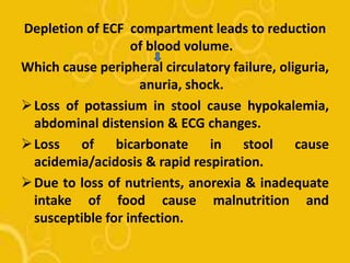 Depletion of ECF compartment leads to reduction
of blood volume.
Which cause peripheral circulatory failure, oliguria,
anuria, shock.
Loss of potassium in stool cause hypokalemia,
abdominal distension & ECG changes.
Loss of bicarbonate in stool cause
acidemia/acidosis & rapid respiration.
Due to loss of nutrients, anorexia & inadequate
intake of food cause malnutrition and
susceptible for infection.
 