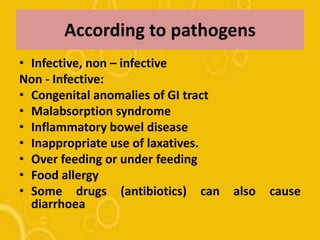 According to pathogens
• Infective, non – infective
Non - Infective:
• Congenital anomalies of GI tract
• Malabsorption syndrome
• Inflammatory bowel disease
• Inappropriate use of laxatives.
• Over feeding or under feeding
• Food allergy
• Some drugs (antibiotics) can also cause
diarrhoea
 