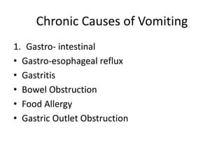 Chronic Causes of Vomiting
1. Gastro- intestinal
• Gastro-esophageal reflux
• Gastritis
• Bowel Obstruction
• Food Allergy
• Gastric Outlet Obstruction
 