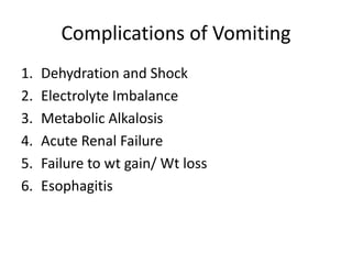 Complications of Vomiting
1. Dehydration and Shock
2. Electrolyte Imbalance
3. Metabolic Alkalosis
4. Acute Renal Failure
5. Failure to wt gain/ Wt loss
6. Esophagitis
 