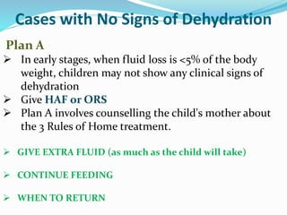 Cases with No Signs of Dehydration
Plan A
 In early stages, when fluid loss is <5% of the body
weight, children may not show any clinical signs of
dehydration
 Give HAF or ORS
 Plan A involves counselling the child's mother about
the 3 Rules of Home treatment.
 GIVE EXTRA FLUID (as much as the child will take)
 CONTINUE FEEDING
 WHEN TO RETURN
 