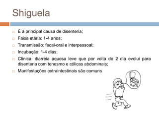 Shiguela
   É a principal causa de disenteria;
   Faixa etária: 1-4 anos;
   Transmissão: fecal-oral e interpessoal;
   Incubação: 1-4 dias;
   Clínica: diarréia aquosa leve que por volta do 2 dia evolui para
    disenteria com tenesmo e cólicas abdominais;
   Manifestações extraintestinais são comuns
 