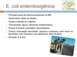 E. coli enterotoxigênica
   Principal causa de diarréia bacteriana no BR;
   Faixa etária: todas as idades;
   Causa a diarréia do viajante;
   Transmissão: água e alimentos contaminados;
   Produz 2 toxinas: termolábil / termoestável;
   Clínica: evacuação abundante, aquosa e explosiva, sem muco ou
    leucócitos, com náuseas e dor abdominal. Não há febre;
   Duração: 3-5 dias
 