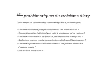 — problématiques du troisième diary
p.9


Après analyse du troisième diary, en ressortent plusieurs problématiques :


- Comment équilibrer et partager financièrement une communication ?
- Comment le medium (téléphone) peut palier à une réponse qui ne vient pas ?
- Comment obtenir le statut de quelqu’un, ses disponibilités en temps réel ?
- Quelle forme pratique pour la communication multiple sur différents canaux ?
- Comment déplacer le canal de communication d’une personne sans qu’elle
 s’en rende compte ?
- Sms & e-mail, même chose ?
 