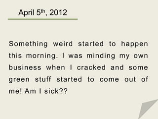 April 5th, 2012


Something weird started to happen
this morning. I was minding my own
business when I cracked and some
gr...