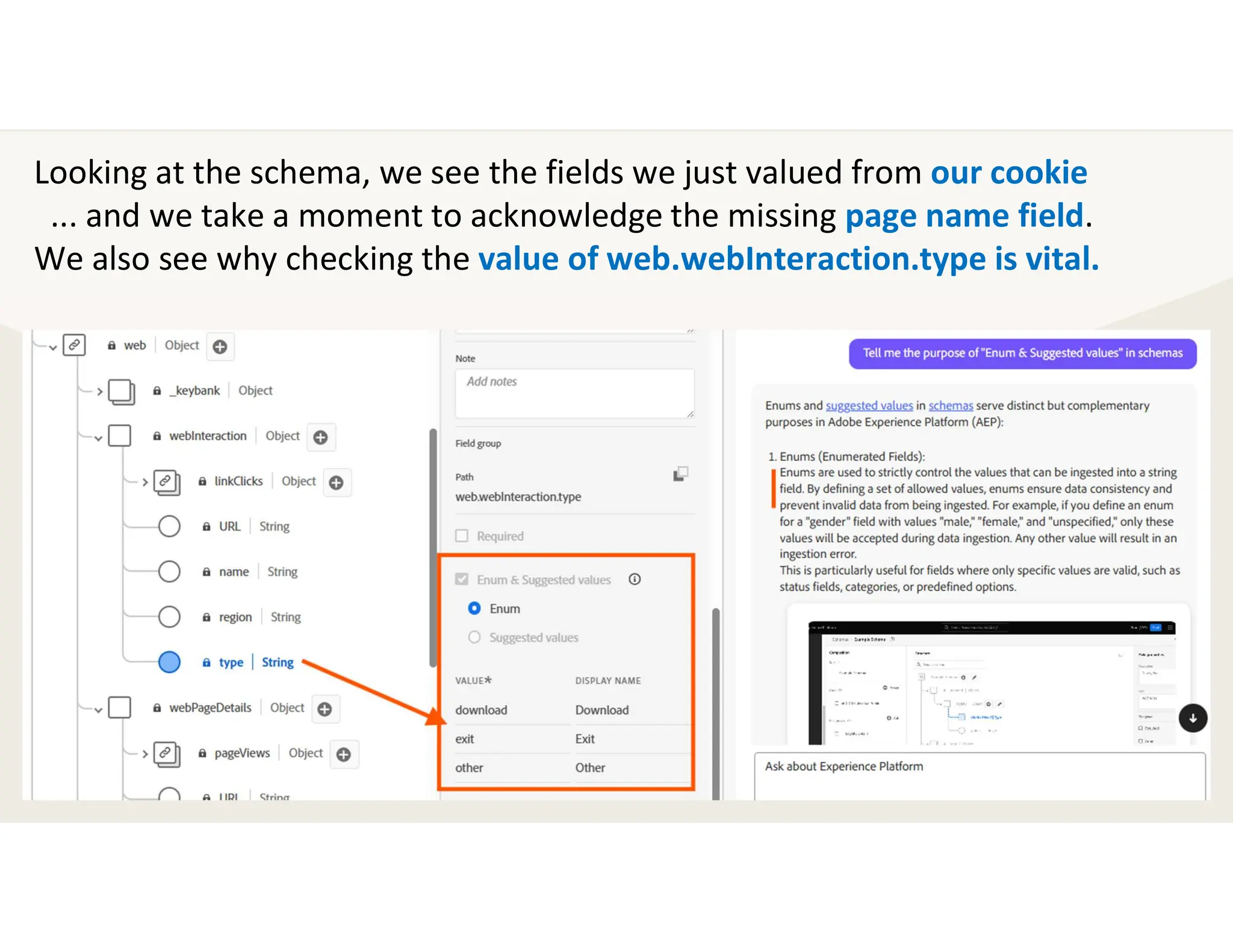 Looking at the schema, we see the fields we just valued from our cookie
... and we take a moment to acknowledge the missing page name field.
We also see why checking the value of web.webInteraction.type is vital.
 