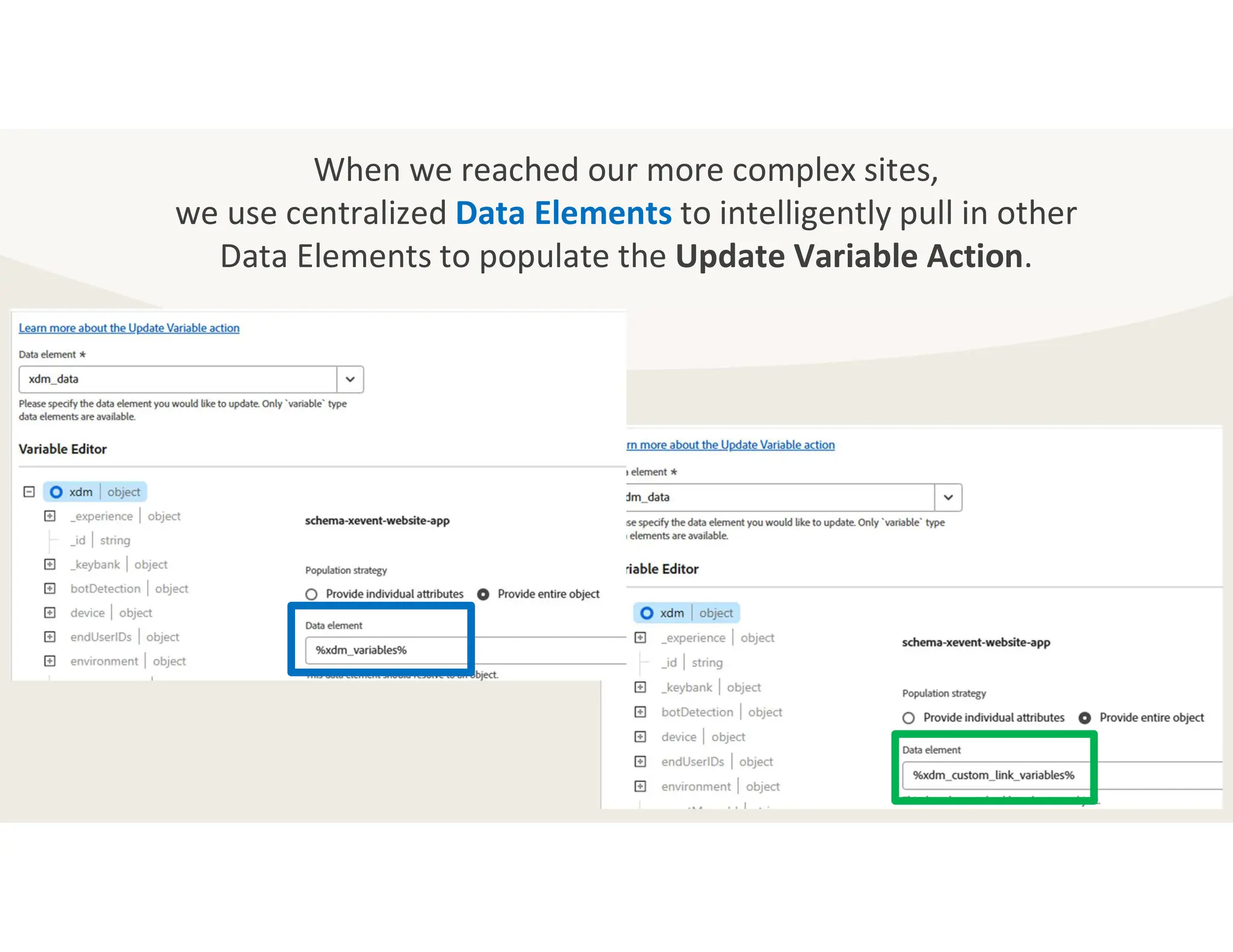 When we reached our more complex sites,
we use centralized Data Elements to intelligently pull in other
Data Elements to populate the Update Variable Action.
 